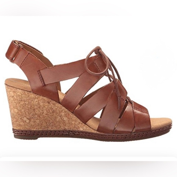 Clarks Tan Leather Wedge Sandals - Picture 1 of 7